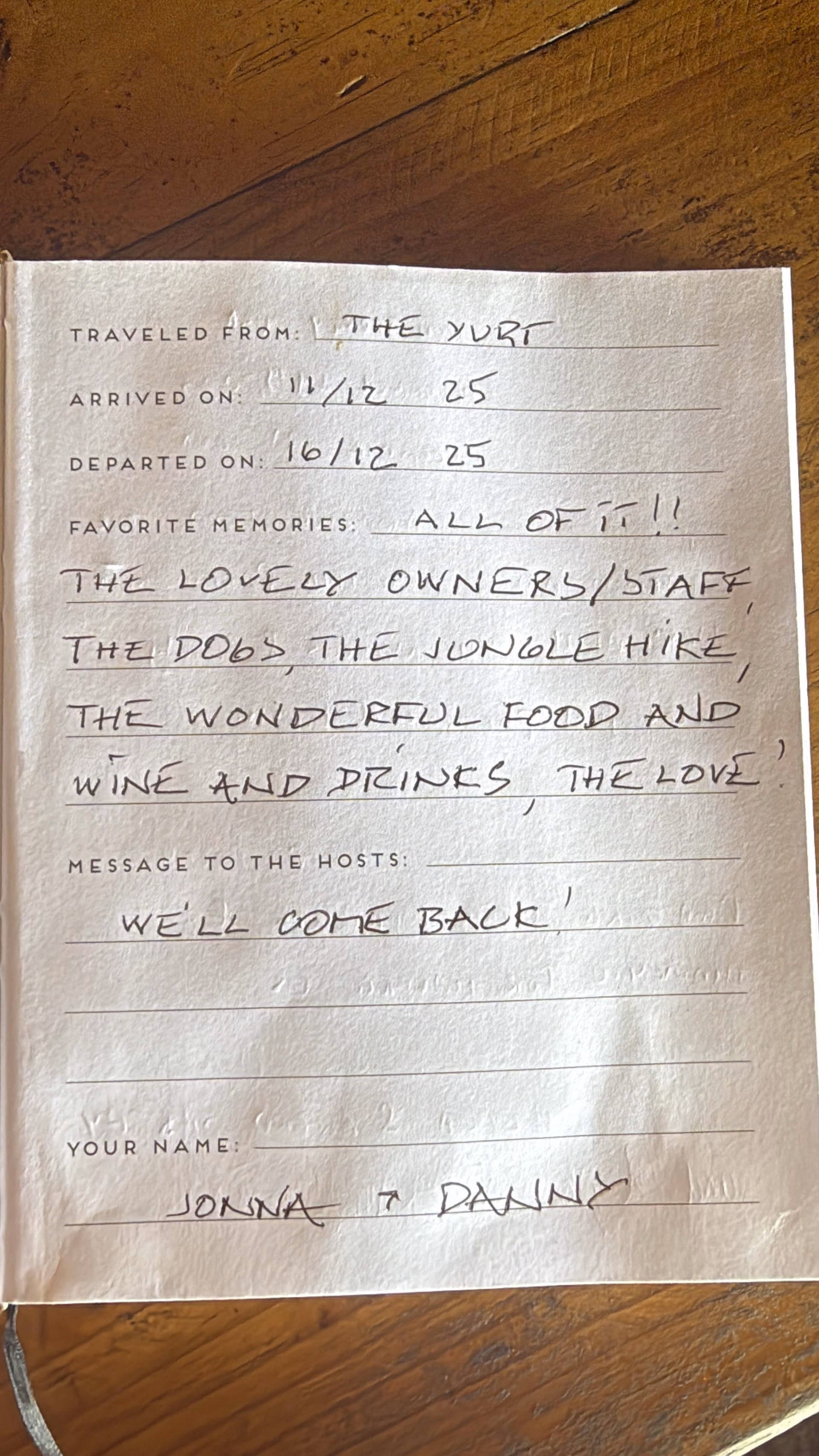 Handwritten guest review from Dolphin Blue Paradise guestbook